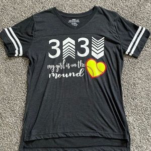 Softball mom shirt.  V-neck.  Dark gray shirt.